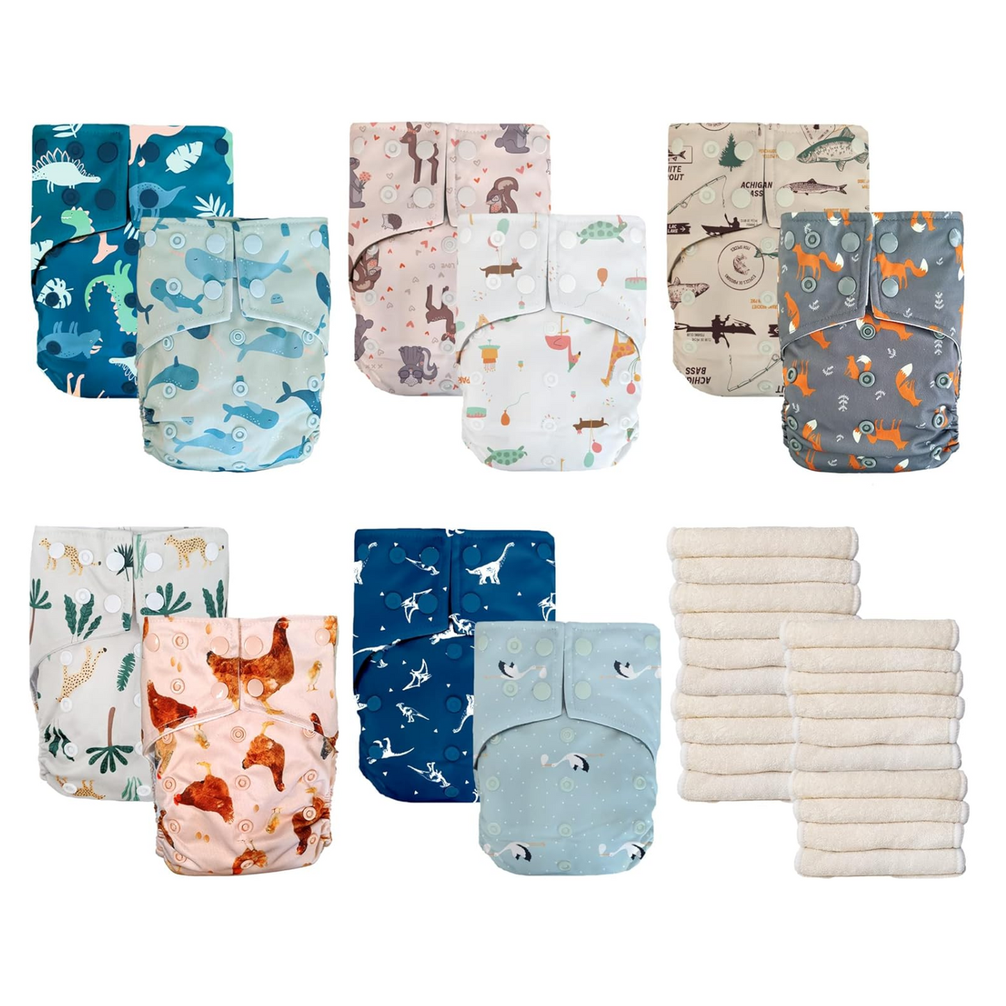 Lot de 10 Couches Lavables Imprimées pour Bébés avec 20 Inserts en Bambou