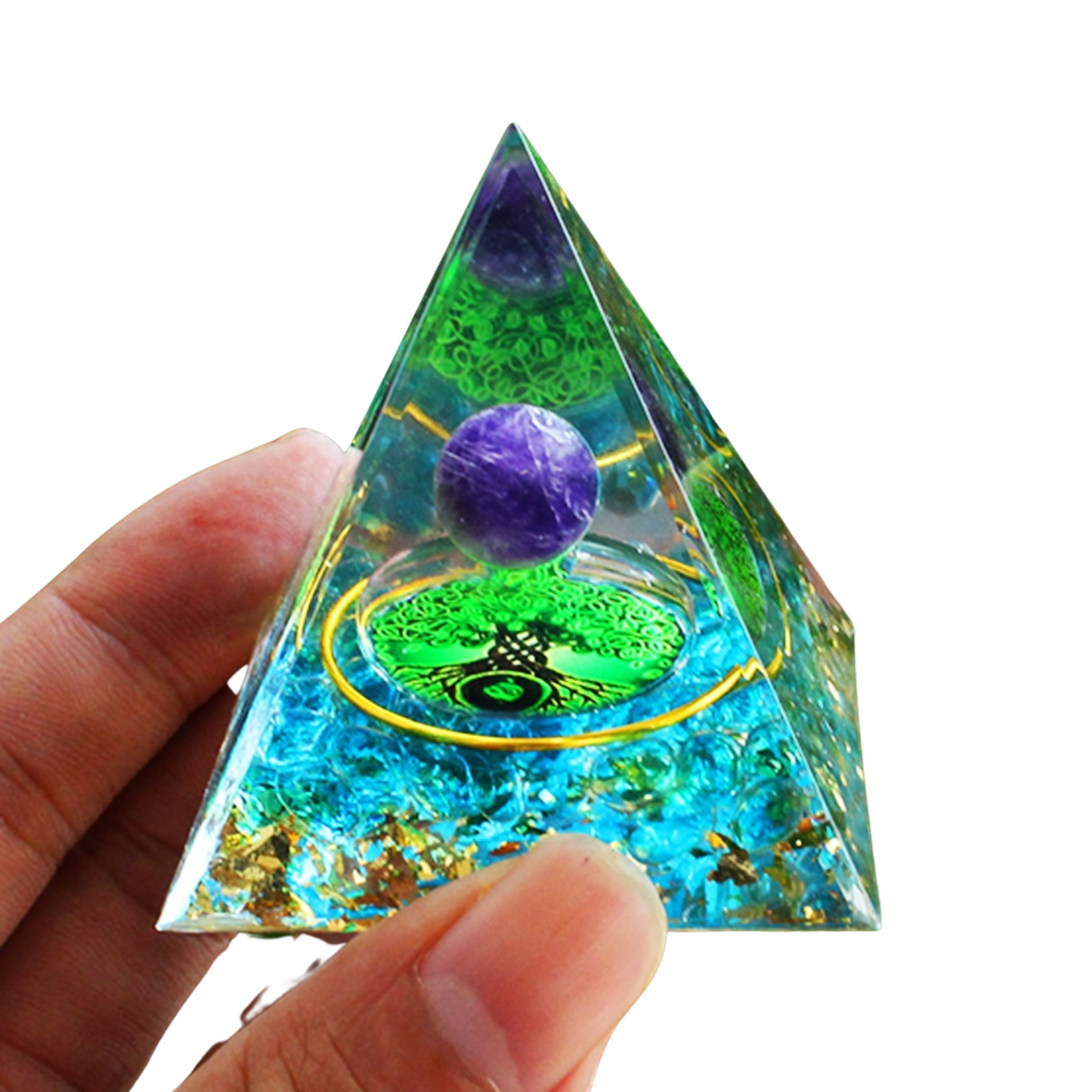 Pyramide en Orgonite Améthyste Péridot : Cristal de Guérison pour la Méditation et Décoration Maison