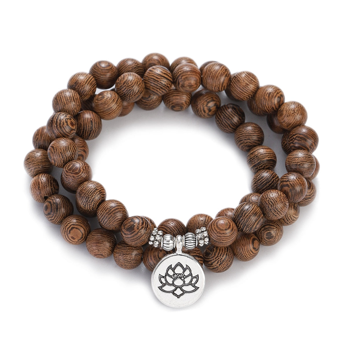 Bracelet Bouddhiste Tibétain en Perles de Bois avec Lotus OM