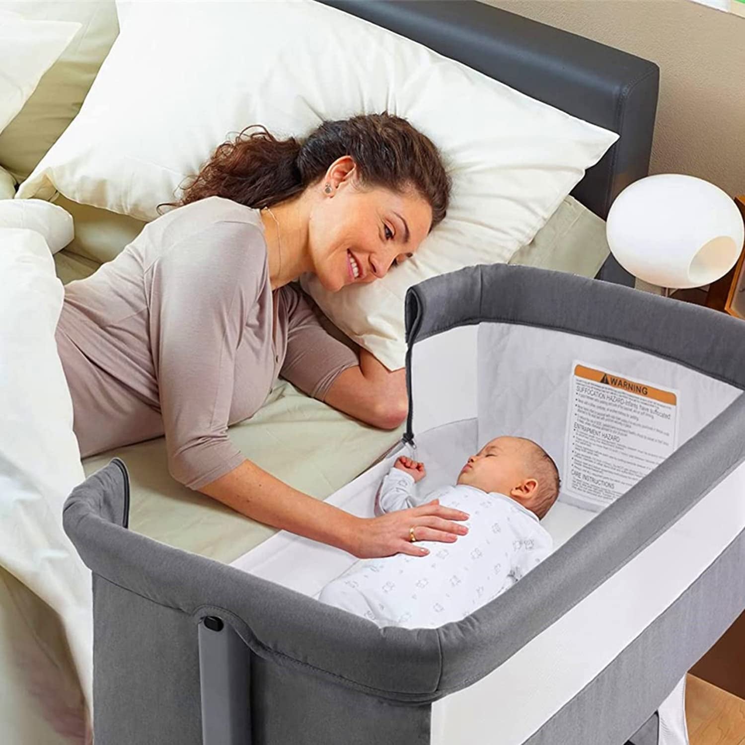 Baby Bassinet Bedside Sleeper Bedside Crib,3 in 1 Travel Baby Crib with Portable Bag,Gray